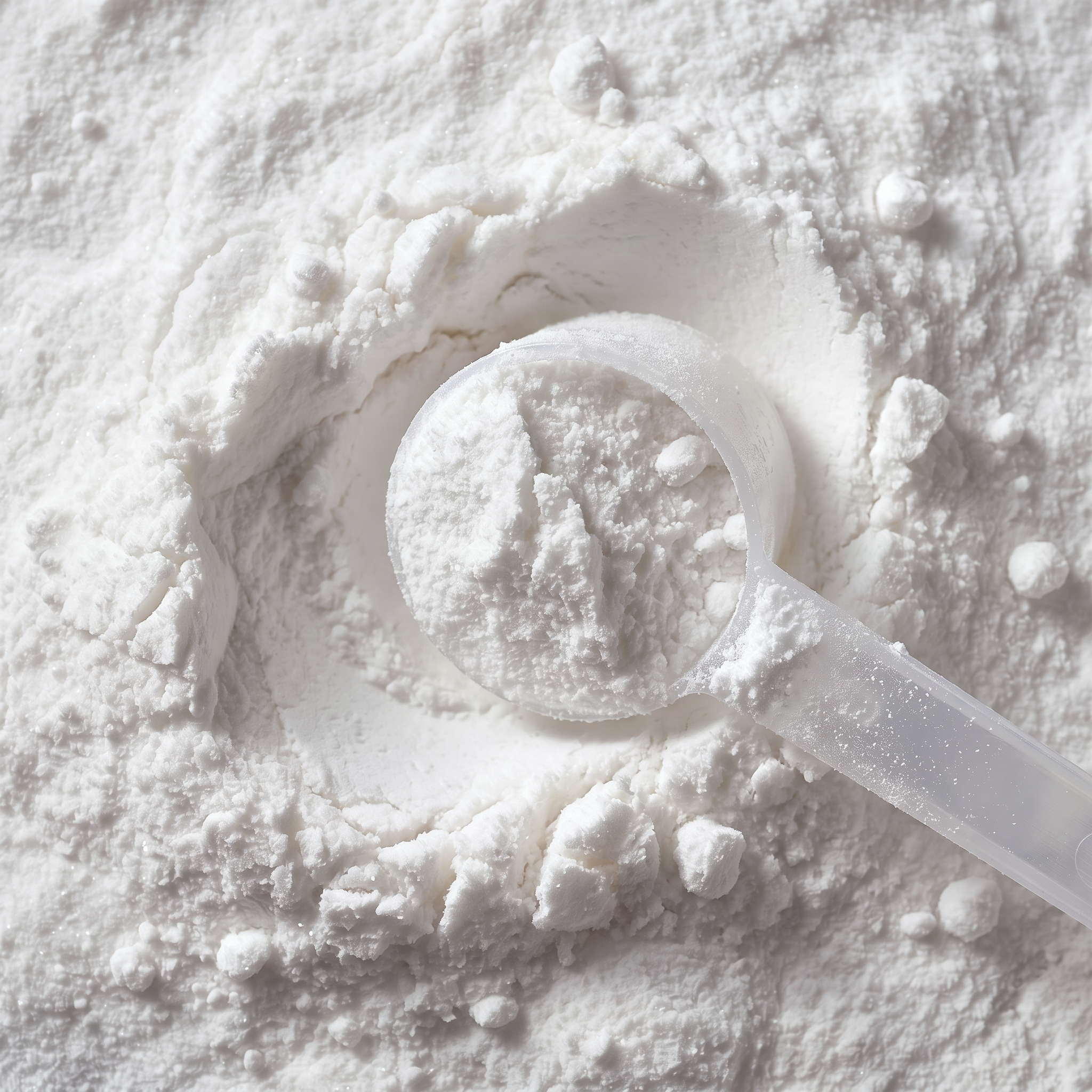 XENON creatine powder with scoop, top-down studio macro
